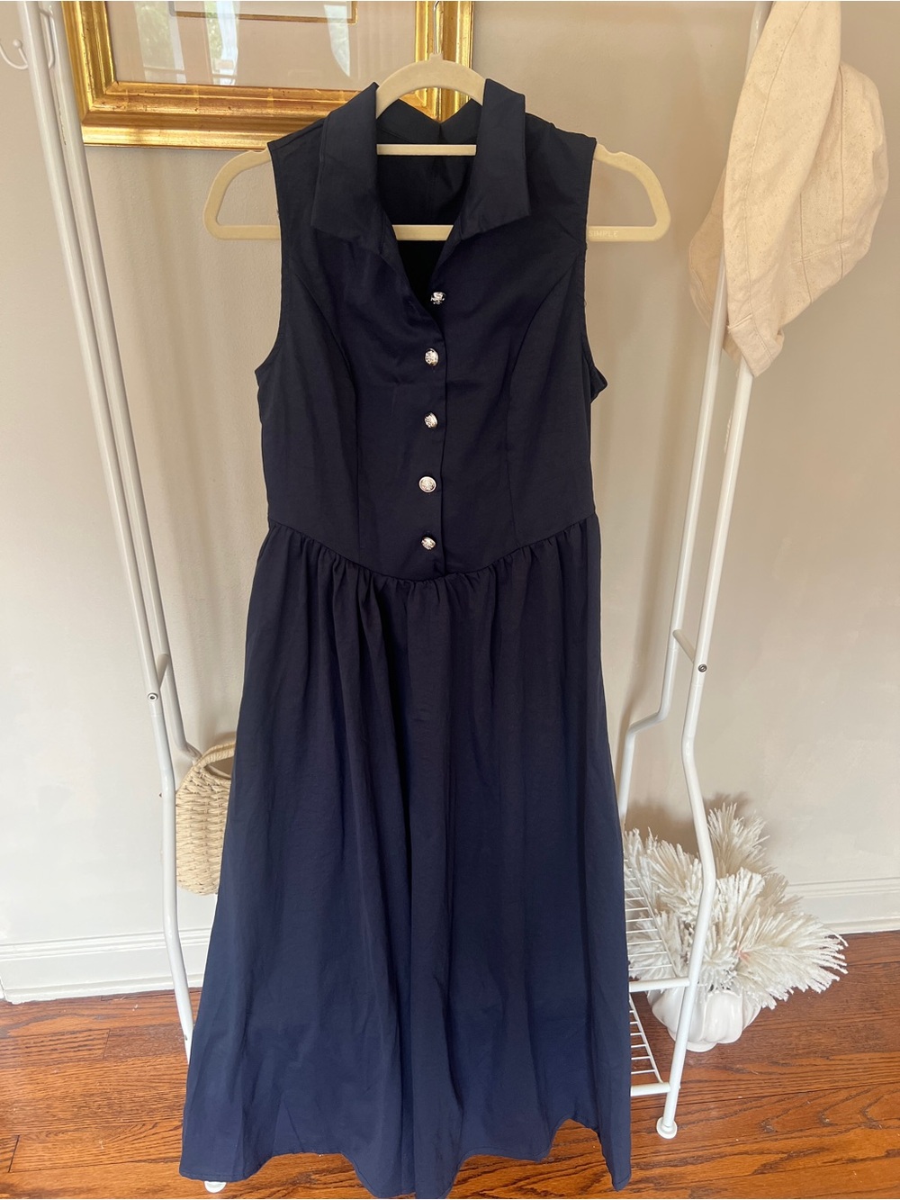 Sleeveless Navy Maxi Dress with Button Front